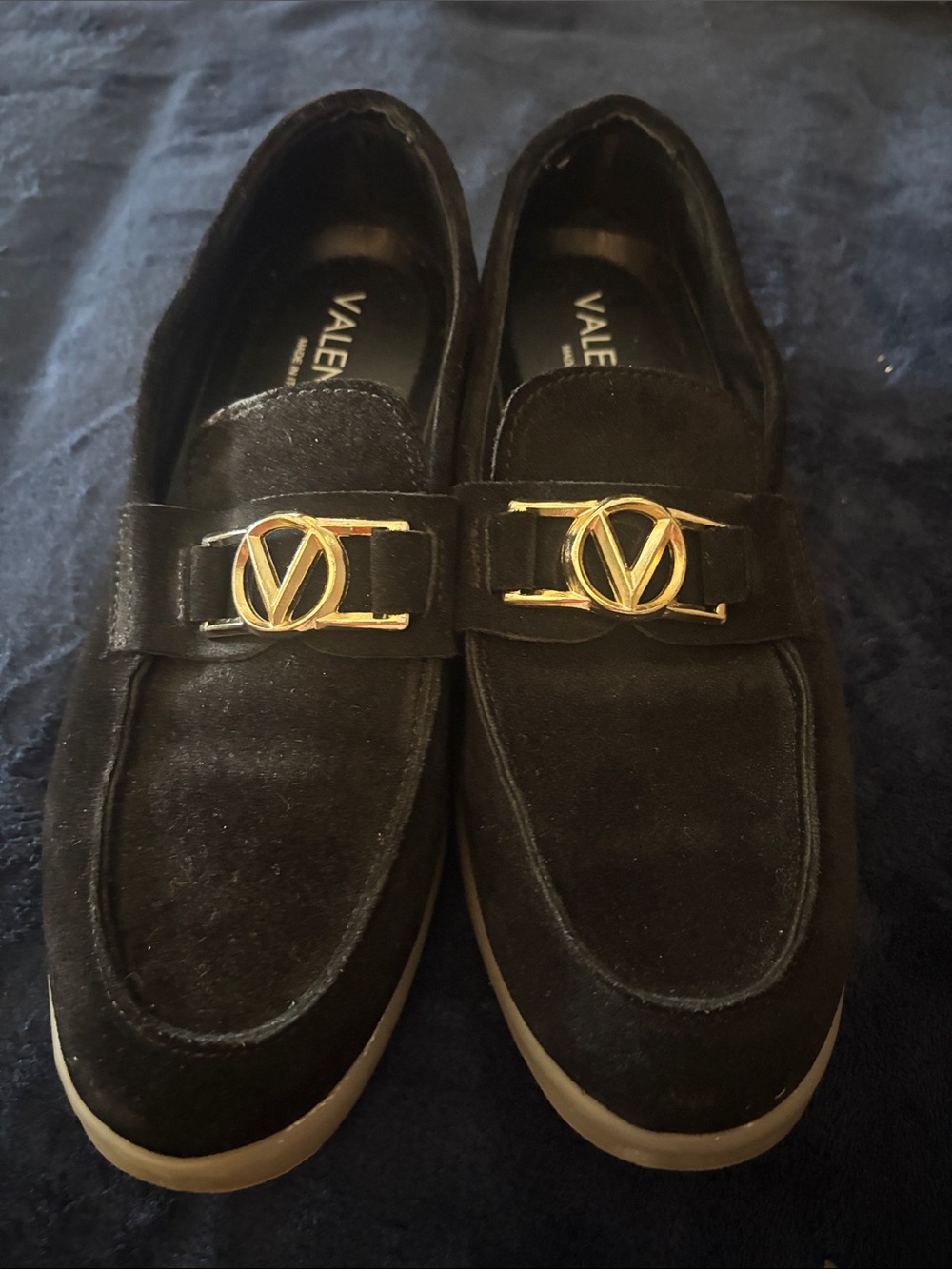 Valentino Black Suede Loafers with Gold V-Buckle